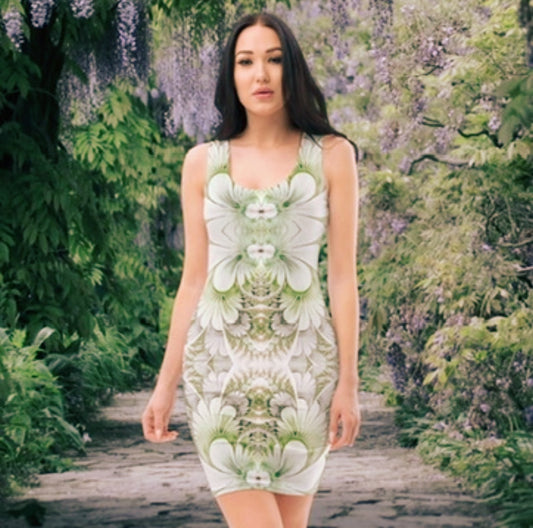 White and Green Floral Graphic Fitted Dress